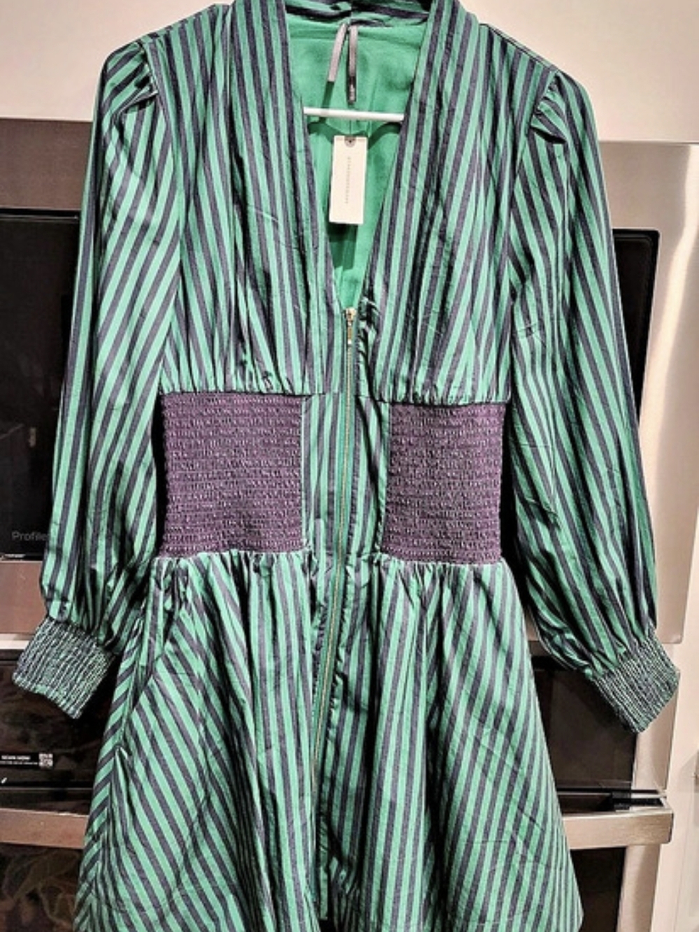 Anthropologie Striped Mini Dress in Green & Purple Size Small NWT
